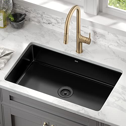 KRAUS Pintura 32-inch Porcelain Enameled Steel Undermount Single Bowl Kitchen Sink in Black, KE1US32GBL