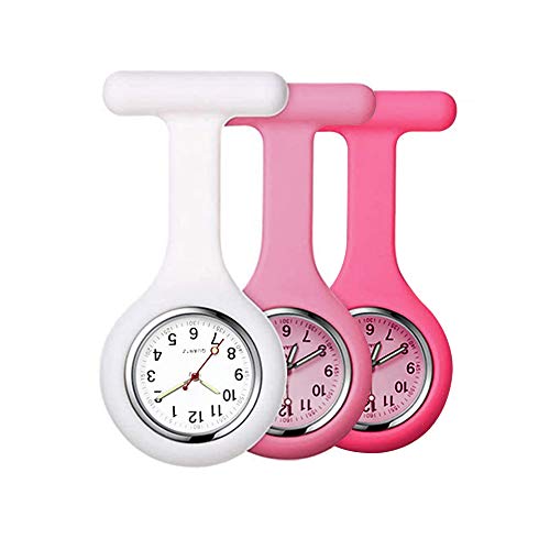 alladaga Set of 3 Nurse Fob Watches Silicone Doctor Pocket Lapel Clip On Watches Gift (White Pink Rose)