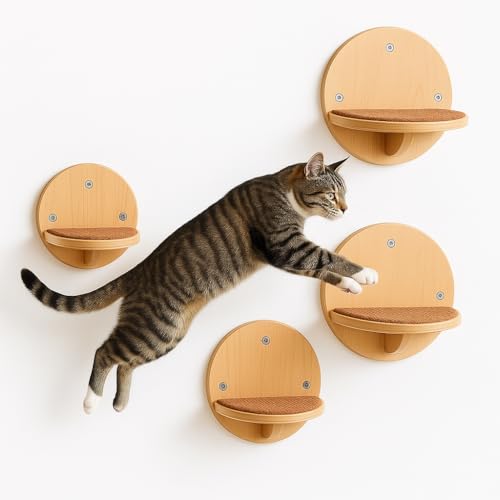 Set de 4 repisas redondas de pared para gatos en madera natural miniatura 1
