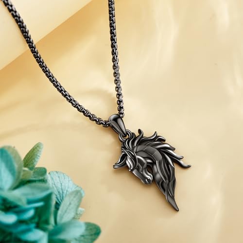 Black/White Horse Pendant Necklace 925 Stelring Silver Equestrian Horse Jewelry Gift for Men Stainless Steel Rolo Chain 22+2inches3