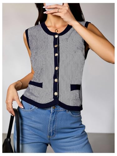 Women's Plus Size Striped Sweater Vest Button Up V Neck Knit Work Office Tops3