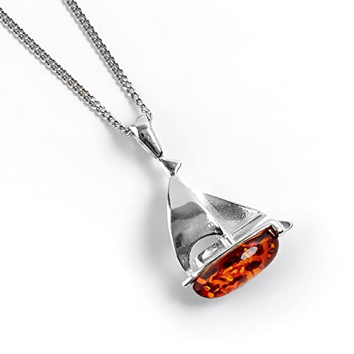 HENRYKA Sailboat Yacht Necklace in 925 Sterling Silver, Baltic Amber | Sailing Gifts | Ocean Sea-Life Jewellery