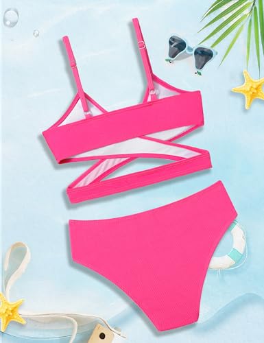 Image of Girls Swimsuit Bikini Set,Criss Cross Bathing Suits for Girl Two Piece Solid Color Girls' Swimwear for 7-16 Years