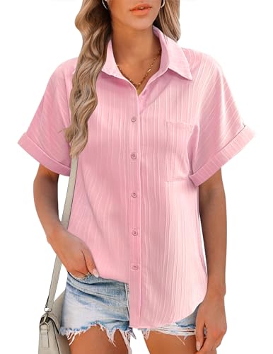 Hotouch Blusa para Mujer Elegante de Manga Corta Blusa Suelta Camisa con Cuello en V Moderna Blusa de Trabajo con Botones Camisa de Oficina Blusa Monocolor Color Rosa Claro XL