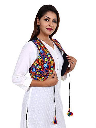 Image of Craft Trade Women's Cotton Embroidered Kutchi Jacket with Tassels Sleeveless Mirror Work