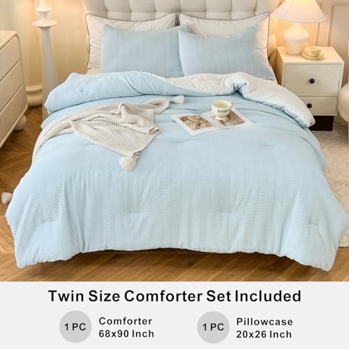 Image of tohrisa Boho Comforter Set Twin Size Striped Pleats Bohemian Seersucker Bedding Set All Season Soft Cozy 2 Pieces Quilt with 1 Pillowcase(68 inchX90 inch Light Blue)