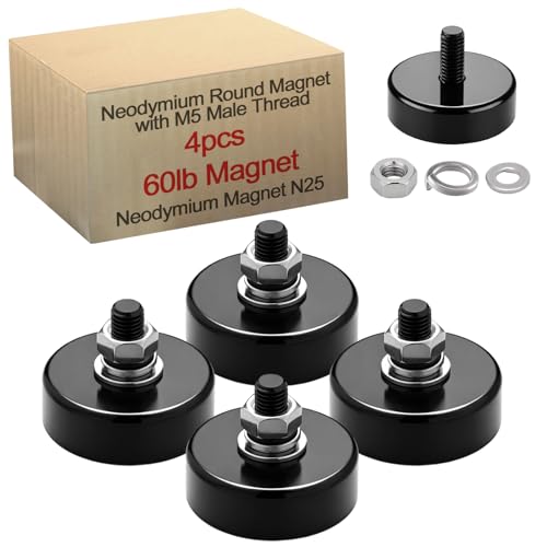 Image of Flutesan 4 Pieces Heavy Duty Round Mounting Magnet with Bolt 0.98in-60lb-M5 Black with Male Thread Stud Strong Earth Magnet Super Powerful for Lighting Camera Brackets License Plate