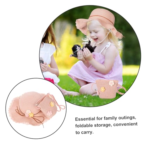 2pcs Boys and Girls Sun Hat and Purse Set Uv Protection Boy Girl Straw Beach Hat Matching Bag for Summer Fun Foldable Design for and Storage Pink3