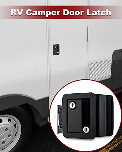 Image of RV Camper Door Lock Latch Deadbolt Lock Entry Side Door Lock with Handle for Travel Trailer 5th Wheel Universal Security RV Compartment Side Door Latch, Black, Pack of 2 Lock+ 8 Keys Alike