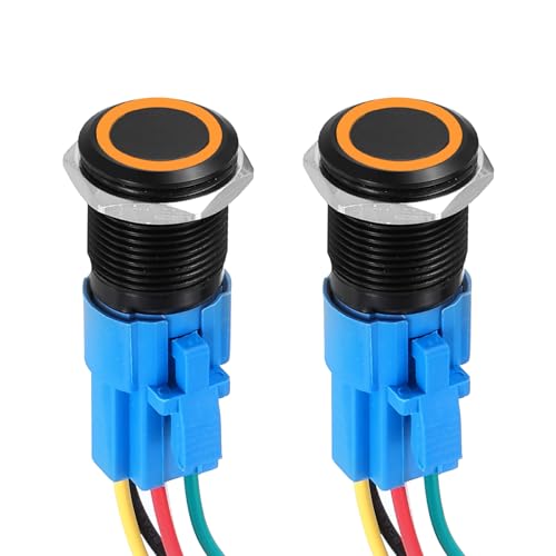 DMiotech 2 Pcs 16mm / 5/8 Push Button Switch, IP66 1NO1NC 12-24V 3A Momentary Latching Push Button Starter Light Switch Self-locking with Orange Light Round, Aluminum Alloy Flat Head Black