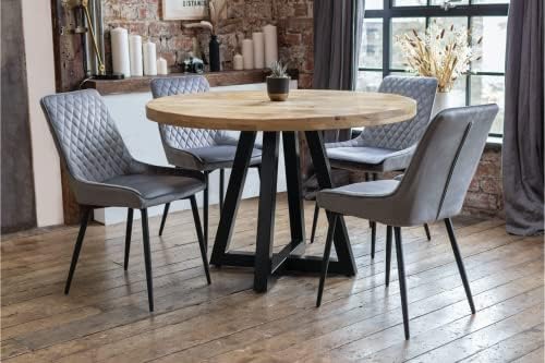 Ida Luxury Round Solid Mango Wood Industrial Dining Table with Distressed Natural Finish Black Legs 1.18m Diameter Powder Coated Legs (1.4m Diameter Table), (IDA012014)