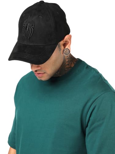 Image of Bewakoof Marvel Unisex Black Spidey Stealth Embroidered Premium Super Suede Baseball Cap