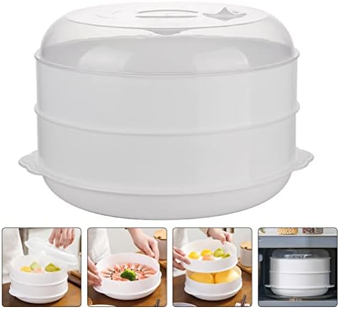 HEMOTON 2- Tier Microwave Steamer Healthy Cooking Heating Steamer Quick Fast Vegetable Fish Pasta Rice Steamer Pot Cookware for Home Kitchen White