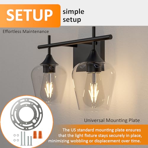 Image of Vanity Bathroom Light, 2-Light Bathroom Light Fixtures Over Mirror, Black Vanity Lights for Bathroom with Clear Glass, Modern Wall Lamp for Cabinet Hallway, Bedroom