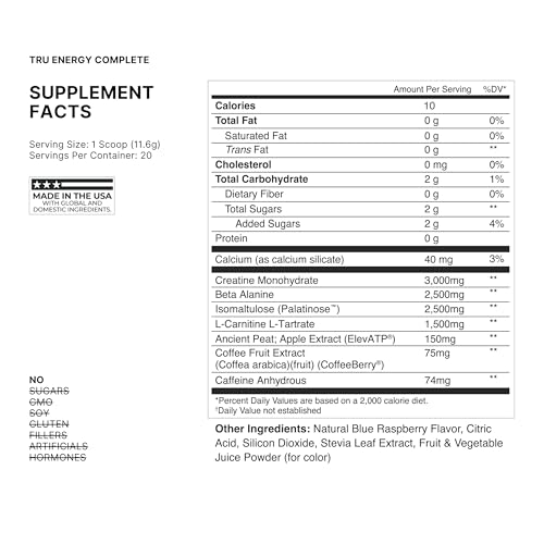 Image of TRU Supplements Supplements Energy, Pre Workout Training Formula, Vegan Friendly, No Jitters, Improve Workout Performance, Naturally Extracted Flavors, 20 Servings (Blue Raspberry)