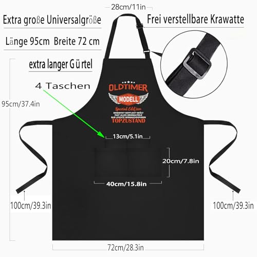 XCSJKJ Grillschrze für Männer mit Spruch OLDTIMER MODELL, 4 Taschen Grillschürze für Männer Lustig Grillen Barbecue BBQ Küchenschürze Geschenk