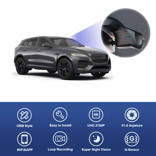 Image of Fitcamx 4K Dash Cam Suitable for Jaguar F-Pace 2022-2026 (Model 6321) P250 P340 P400 R-Dynamic S SVR X761, OEM Look, UHD 2160P Video, WiFi & APP, Loop Recording, G-Sensor, Plug & Play, 64GB Card