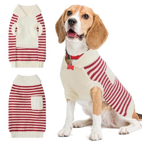 Image of Small Dog Sweater, Knitted Striped Pullover Dog Clothes for Cold Weather, Thick Warm Cozy Stretchy Sweater for Chihuahua, Bulldog, Dachshund, Pug(Red & White Strip, XL)