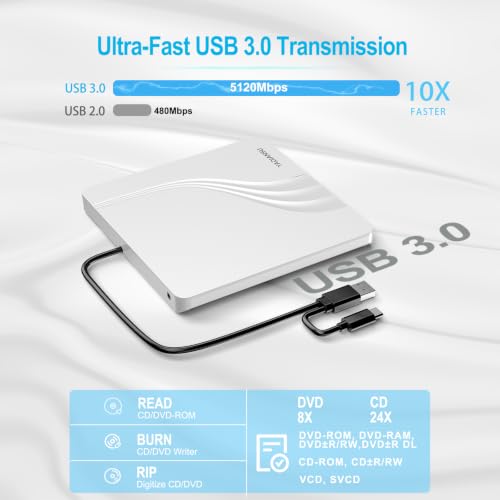 Image of External CD DVD Drive, 0.5″ Ultra Slim USB 3.0 Type-C DVD Player, CD DVD+ /-RW Optical Drive, Portable DVD CD Burner Reader Writer Recorder for Laptop, Desktop, Mac, Windows 11 /10 /8 /7, Linux, White