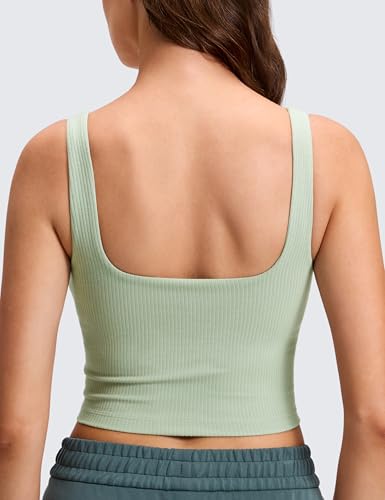 Image of CRZ YOGA Ribbed Henley Crop Tank Tops | Medium Support, Removable Pads, Casual, Square Back, Wide Straps, Longline Sports Bras for Women