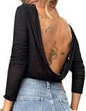 TUWIXIUW Women Open Back Shirt Long Sleeve Backless Boat Neck Blouse Going Out Workout Outfit Y2k Aesthetic Low Back Blouse, Black, XL