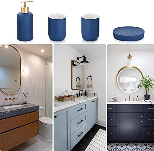 HANFU Bathroom Accessories Sets 4 Pcs, Ceramic Bathroom Set Complete with 2 x 300ml Toothbrush Cup Holder, Refillable Soap Dispenser 340ml, and Soap Dish, Home Bathroom Accessory Wash Set, Blue