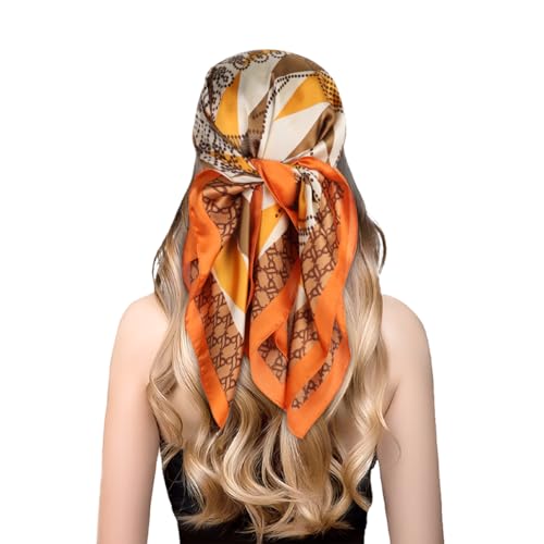 EXTREE Fashion Silky Satin Headscarf for Women Girls: Exquisite Pattern Lightweight Silk Graceful Scarfs 27.5 x 27.5 inches Diamond Orange Edge