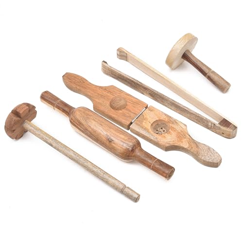 Image of Wooden Kitchen Tool Set for Cooking, Including Belan, Mathni, Dutta, Chimta, Lemon Press, Eco-Friendly Kitchenware Utensils, Durable & Easy to Clean