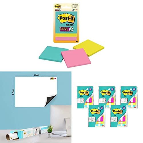 Image of 3M Post-it Super Sticky Notes, 3 Pads x 45 Sheets & 3M Post-it Dry Erase Writing Surface, 3ft x 2ft & Post-it Flags - Pack of 5