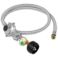 5FT Two Stage Propane Regulator Hose - Stainless Steel Braided LP Gas Hose with Gauge & QCC1/Type1 Connector, 3/8" Female Flare Nut for RV, Gas Grill, Fire Pit & Outdoor Appliances (CSA Certified)