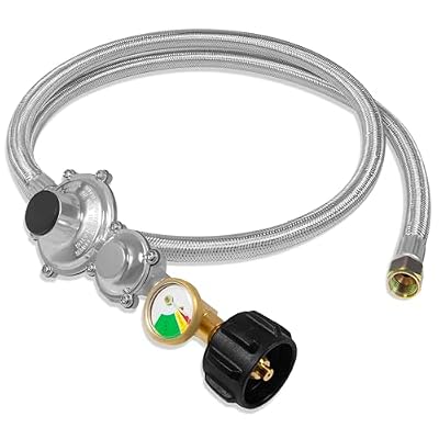 5FT Two Stage Propane Regulator Hose - Stainless Steel Braided LP Gas Hose with Gauge & QCC1/Type1 Connector, 3/8" Female Flare Nut for RV, Gas Grill, Fire Pit & Outdoor Appliances (CSA Certified)