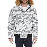Tommy Hilfiger Men's Quilted Arctic Cloth Snorkel Bomber Jacket with Removable Hood (Standard and Big & Tall), White Camouflage, Small