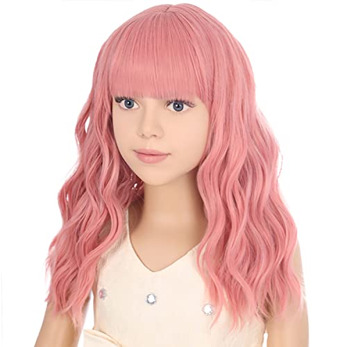Pattnium Pink Wig Kids Short Wavy Wig Pink Wig With Bangs Synthetic Hair Girls Pink Wig Cosplay Costume Wig (Pink) #TOP2