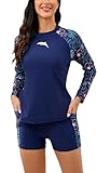 Halcurt Women's 2 Piece Built in Bra Swim Shirt Quick Drying Swimwear Rashguard Modest Tankini with Shorts Navy Floral M