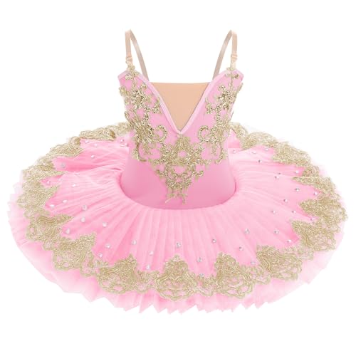 Ballettkleidung Mädchen 3-14-Jahre für Tanz: Tüll Pailetten Ballettkleid mit verstellbarem Träger - Kinder Tanzkleid für Balett Eiskunstlauf Rollkunstlauf rosa 5-6 Jahre