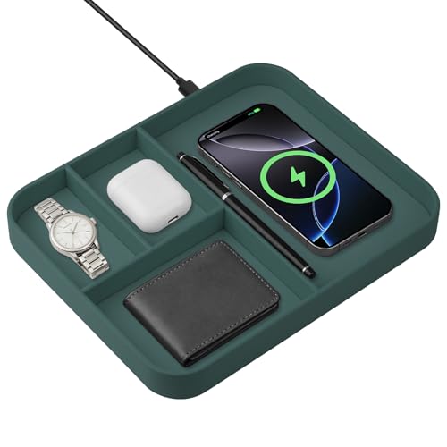 VOVIPO Faux Leather Valet Tray with 2 in 1 Wireless Charging Compitable With iPhone/17/16/15/15 Plus/15 Pro/15 Pro Max/14/13/12/Wireless earphones Office/Home Desk Organizers Tray-Mint