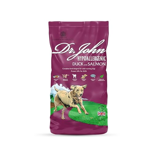 Dr John Hypoallergenic Duck & Salmon 12.5Kg - Dr. John Hypoallergenic Duck and salmon recipe is a hypoallergenic recipe made without added wheat and any form of chicken (including chicken fat)