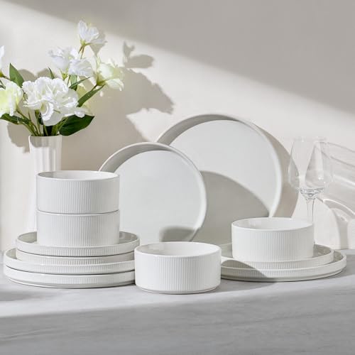 E-far E-far 12-Piece Plates and Bowls Sets, Stoneware Dinnerware Dishes Set for 4