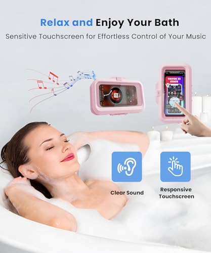 Image of URROY Shower Phone Holder Waterproof One-Touch Open Shower Phone Case Anti-Fog & Sensitive Touchscreen Bathroom Wall Phone Mount Stand Universal Fit for iPhone & Smartphones Gift for Men Women Pink