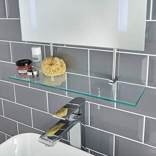 Pebble Grey™ Angelo Illuminated LED Bathroom Mirror with Shelf, Shaver Socket and Demister Pad | 450 x 600 | IP44 Rated | 10 Year Guarantee