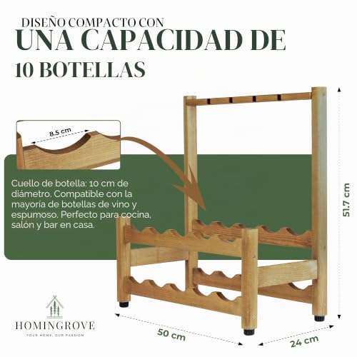 Miniatura 3 de Homingrove Botellero Vino De Madera Fsc 10 Botellas Y 4 Copas Accesorios Para Vino Y Patas Ajustables Garrafeira Compacta Para Cocina, Salón O Bodega Amantes Del Vino