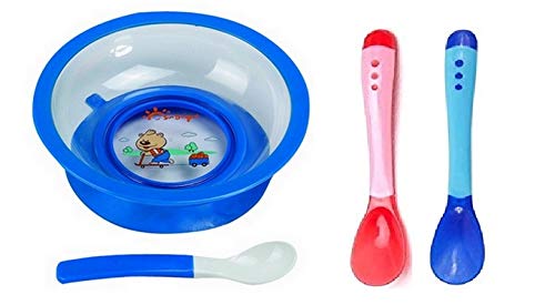 Honey Shopee Baby Feeding Bowl with Spoon with Silicone Tip Heat Sensitive Soft Spoon Pack of 2 (Color May Vary)