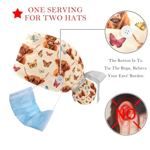 Image of 2 PCS Bouffant Cap with Button Ponytail Pouch Working Cap Sweatband Adjustable Surgical Cap Black and White Cow