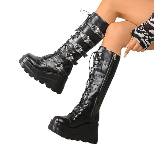 Bottes de combat gothiques avec sangles à boucle et plateforme crantée noire - 5