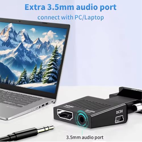 Gitekain Adapter VGA do HD, 1080p Vga Source, interfejs audio 3,5 mm, wbudowany konwerter wyświetlacza, kompaktowy złącze o wysokiej prędkości do prezentacji biurowych i użytku domowego, czarny