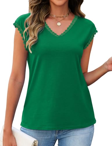 JUSTFASHIONNOW Cap Sleeve Tops for Women Lace V Neck T Shirts Dressy Casual Blouses Cute Summer Top Trendy 2026 Clothes(Green,Small) — view 5