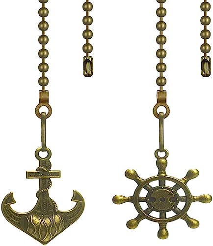 Hyamass 2-Pack Ceiling Fan Pull Chain Extender with Decorative Anchor & Wheel Design - 12Inch Rust-Resistant Metal Chain Pulls, Ball Connector for Fan/Light Fixtures (Bronze)