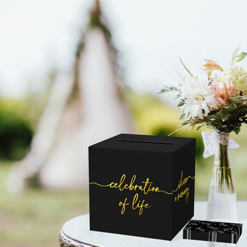 QISOLIY Black Gold Celebration of Life Card Box Share a Memory Box, for Memorial Service Remembrance Table Decor Weddings Retirements, Sympathy (50Pcs Cards)