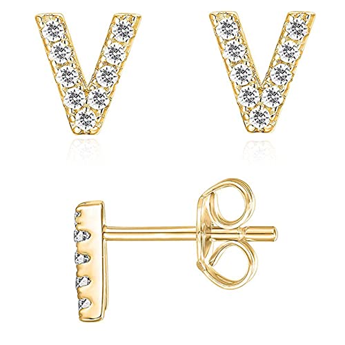 Initial Stud Earrings for Girls 18K Gold Plated CZ Simulated Diamond Stud Earrings Hypoallergenic Earrings for Women (V)