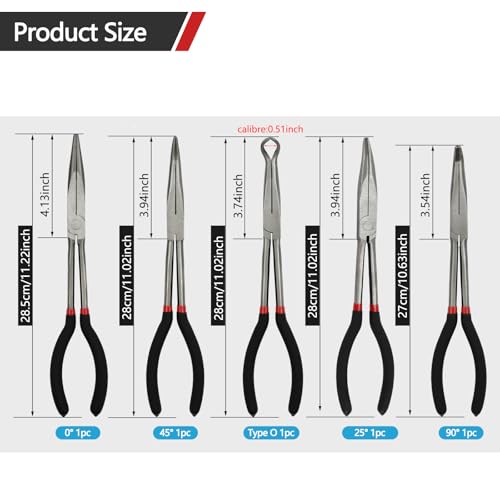 Image of 5 Pack 11 inch Extra Long Nose Pliers Set with Insulated Comfort Grip Handles